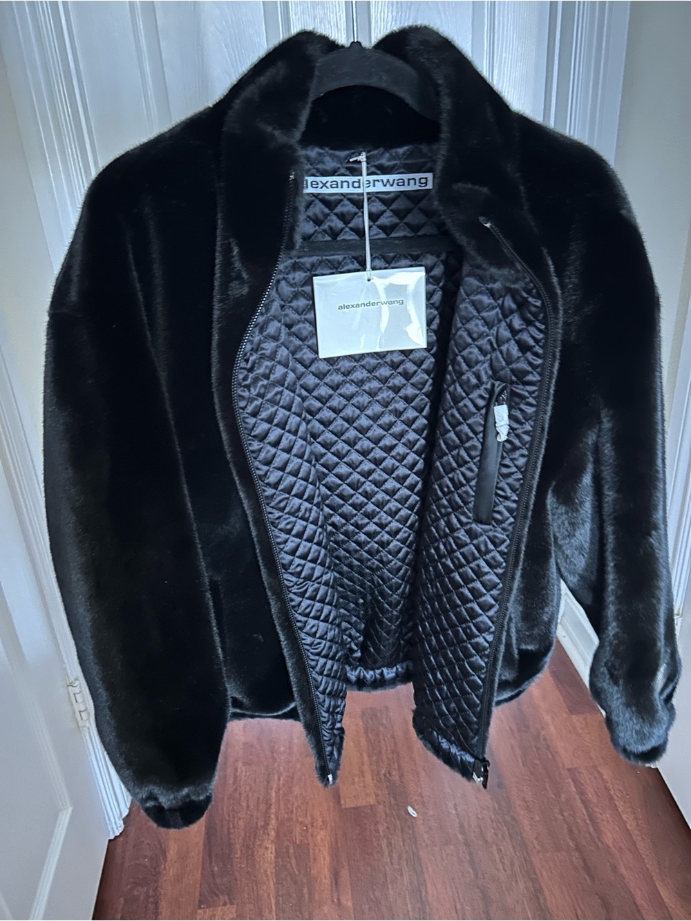 NWT Alexander Wang Faux Fur Track Jacket w/ Logo Metal Plate Trim XXS